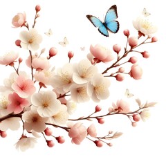 On a pure white background, isolated on a white background, close-up of a branch of a blossoming apple tree, in the style of light pink and dark indigo, smooth and stylized, light green and blue, cute