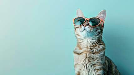 creative animal concept. Isolated on a solid pastel background, a Cat wearing sunglasses.