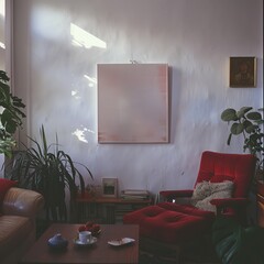 An interior of a home living room with trendy and cntemporary furniture and a blank square canvas on the wall.