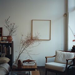 An interior of a home living room with trendy and cntemporary furniture and a blank square canvas on the wall.