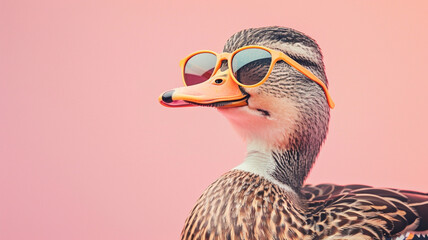 creative animal concept. Isolated on a solid pastel background, a Duck wearing sunglasses.