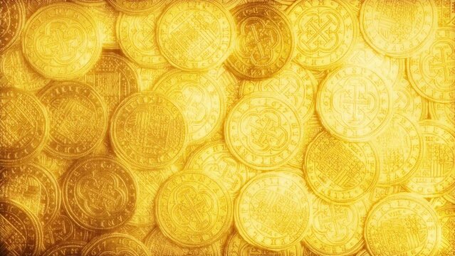 Glowing Medieval Gold Coins Pile Rotating Overhead Shot
