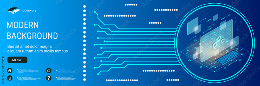 Aufkleber digital technology banner vector design template. big data analysis, information processing flat 3d 