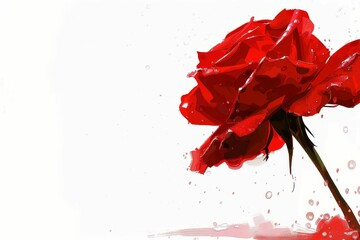 single red rose flower with water droplets on petals against pure white background digital painting