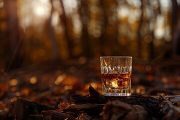 Whiskey Glass in Autumnal Forest Setting