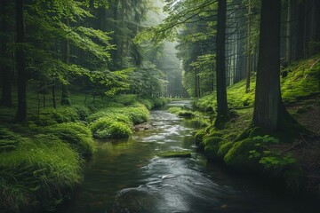 serene forest river flowing through lush green woodland landscape photography