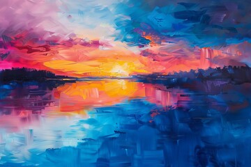 Obraz na płótnie Canvas serene lake reflecting vibrant sunrise colors oil painting