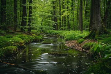 Fototapeta na wymiar serene forest river flowing through lush green woodland landscape photography