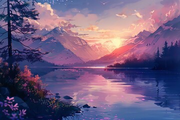 serene mountain lake at sunset peaceful anime landscape art