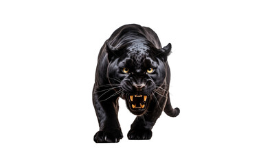 Close Up View of Aggressive Black Panther’s Full Body, Poised for Attack, Isolated on Transparent Background, PNG