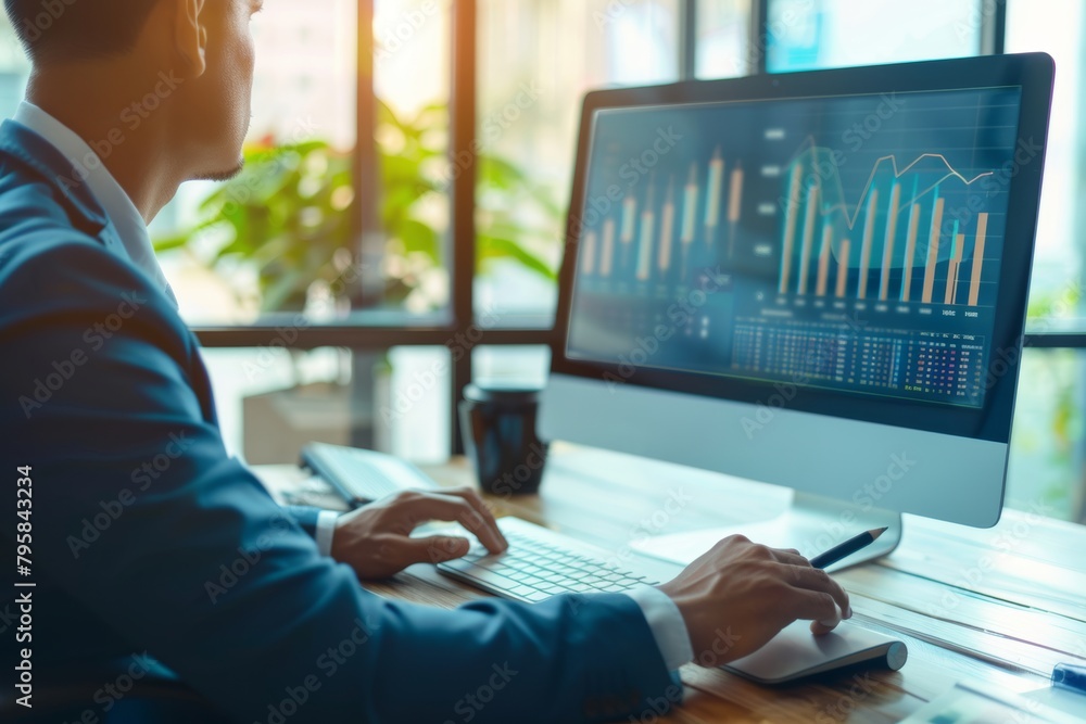 Poster a businessman analyzing financial data on a computer