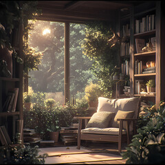 Scandinavian Inspired Comfortable Reading Nook with Sunlit Window, Wooden Shelves, and Indoor Plants