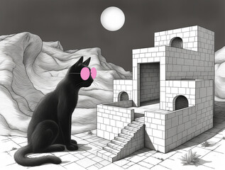 Artistic sketch, a cat in rose-colored glasses looks at a monochrome building