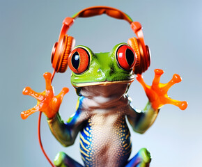 A frog in headphones listening to music