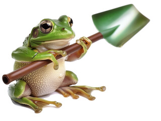 Gardener frog with shovel on white background