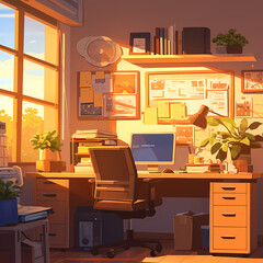 A bright and inviting virtual workspace featuring a neatly organized desk with computer, bookshelf, and sunlight streaming through the window.