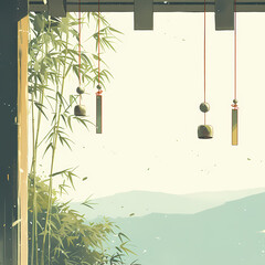 Ethereal Bamboo Wind Chime Art with Natural Setting for Zen Relaxation