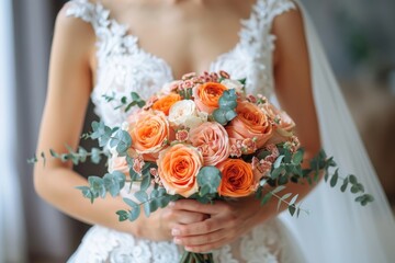 Elegant Bride Holding a Peach Rose Bouquet