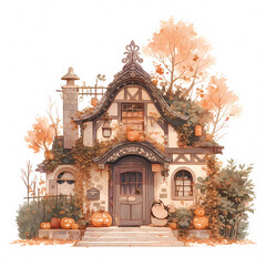 An Autumnal Watercolor Illustration of a Cozy Halloween-Decorated Cottage