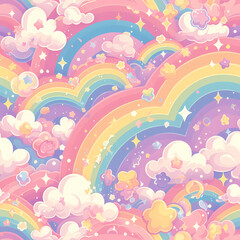 Bright and Colorful Seamless Pattern with Rainbows, Clouds, and Stars