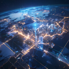 A breathtaking 3D animation depicting the USA's digital map, glowing with city lights at night. An aerial perspective illuminates urban clusters and highlights the country's interconnectedness.