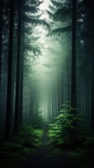 Fototapeta premium Dark forest with mist light green landscape.