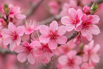Vibrant pink cherry blossoms in full bloom against a soft background, highlighting the beauty of spring. Blooming Pink Cherry Blossoms Close-Up