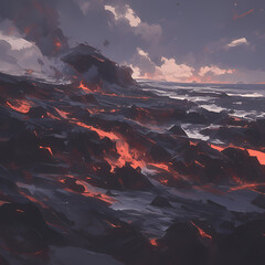 Explore the Mysterious and Majestic Side of Nature's Fury in this Stunning Volcano Landscape Painting