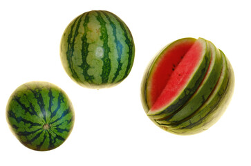 Whole watermelons and cut watermelon isolated on a white background. Watermelon set. Collage on...