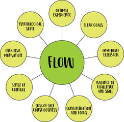 flow - state of optimal experience where individuals are fully immersed in a task, feeling intensely focused, energized, and enjoying a deep sense of satisfaction, vector infographics