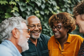 Group of multiethnic senior friends looking at each other and smiling