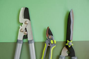  tools for topiary cutting of plants. Secateurs, loppers, and hedge trimmers set against a green...