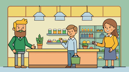  salesman in the natural store with man and woman cartoon vector illustration