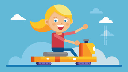riding on the machine happy blond woman rides in cartoon vector illustration
