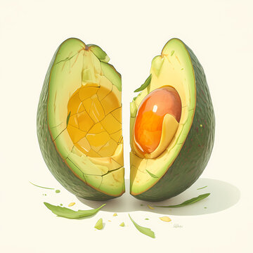 Delicious and ripe avocado cut in half, high quality image with vibrant colors, perfect for culinary presentations or healthy eating advertisements.
