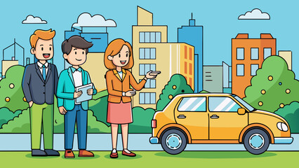 car couple rents a car from rental agent took cartoon vector illustration