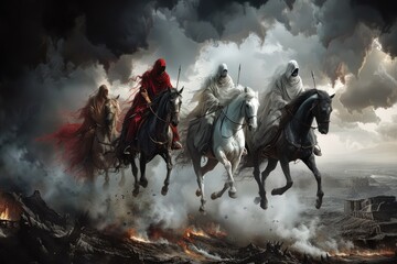 Apocalyptic quartet: 4 horsemen of the apocalypse - the mythical figures symbolizing conquest, war, famine, and death, heralding cataclysmic events. - obrazy, fototapety, plakaty