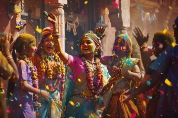 Fototapeta premium Festive Holi scene with traditional decorations and joyful expressions