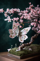 A graceful butterfly composed of intricately layered paper, its wings adorned with subtle pastel shades, delicately perched on a blooming cherry blossom branch in a tranquil Japanese garden, surrounde