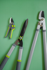  Secateurs, loppers, and hedge trimmers set.Garden tools for topiary cutting of plants. Garden equipment and tools. Tools for pruning and trimming plants - 795851025