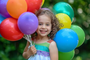 Happy child holding a bunch of colorful balloons, symbolizing joy and happiness
