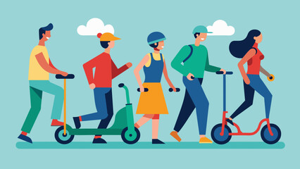  people and wheeled vehicles scooter skateboard cartoon vector illustration - obrazy, fototapety, plakaty