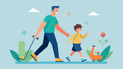 paternity father and son walk roll-on roller cartoon vector illustration