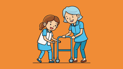 nurse helps her grandmother to go to the walker cartoon vector illustration