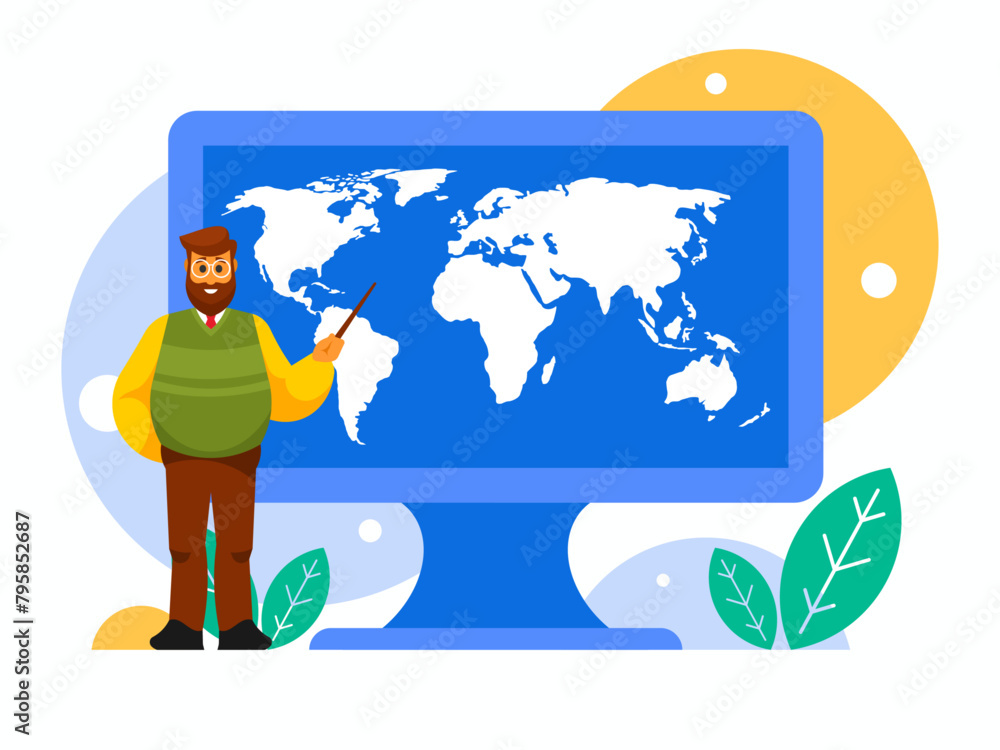 Poster geography teacher. male teacher in glasses stands with a pointer. world map on computer display. bac