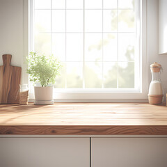 Stylish Kitchen Interior Showcasing Sunlit Counter Space and Wooden Surface Amidst Warm Light