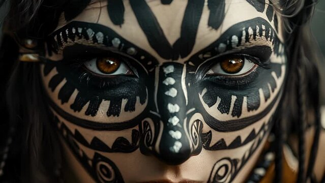 A fierce female warrior adorned with intricate black and white tribal face paint exuding a sense of fearlessness and resilience in the face of adversity. .