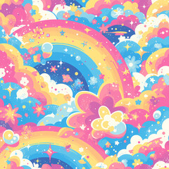 Vibrant Seamless Design with Colorful Rainbows and Clouds for Graphics & Textiles