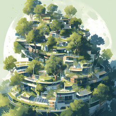 Sustainable Architecture in a Tree-Filled Oasis: An idyllic depiction of a community built on the principles of environmental sustainability.