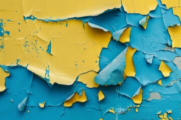Close-up of blue and yellow paint peeling off a wall, textured background.